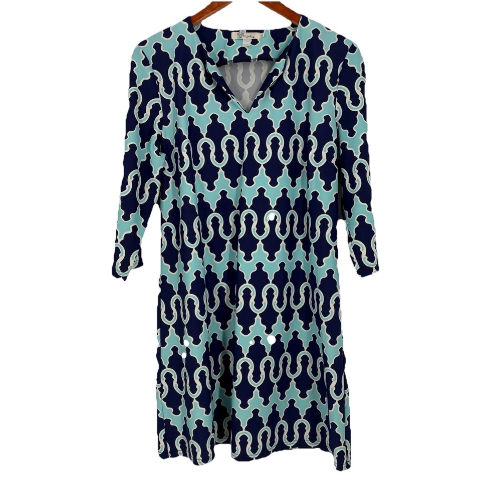 Aryeh Womens Shift Dress‎ XL Blue Geometric Print Stretch Preppy Resort Beach